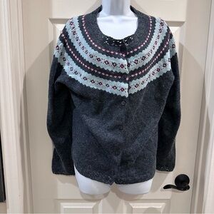 High Sierra Vintage Faire Isle Grey & Blue Crochet Detail Cardigan XL